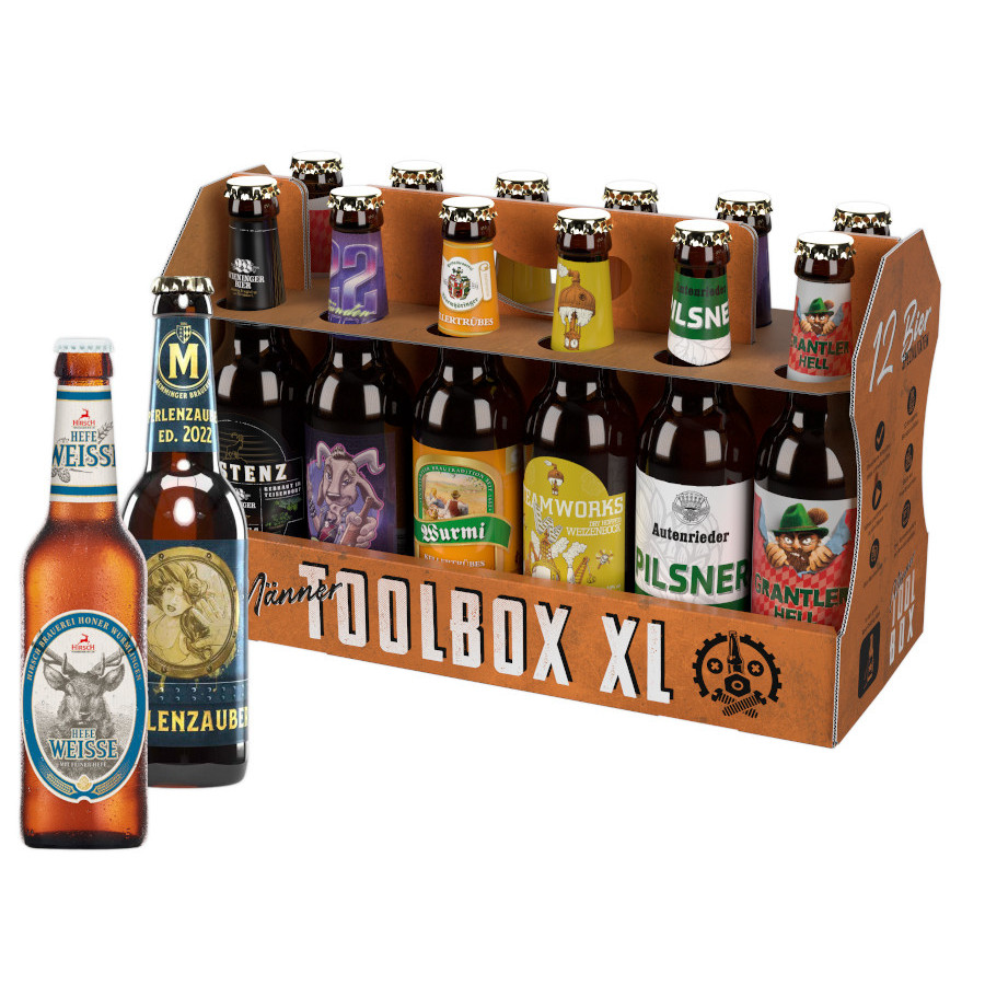 Mit Bierflaschen gefüllte Bierbox Toolbox XL von KALEA