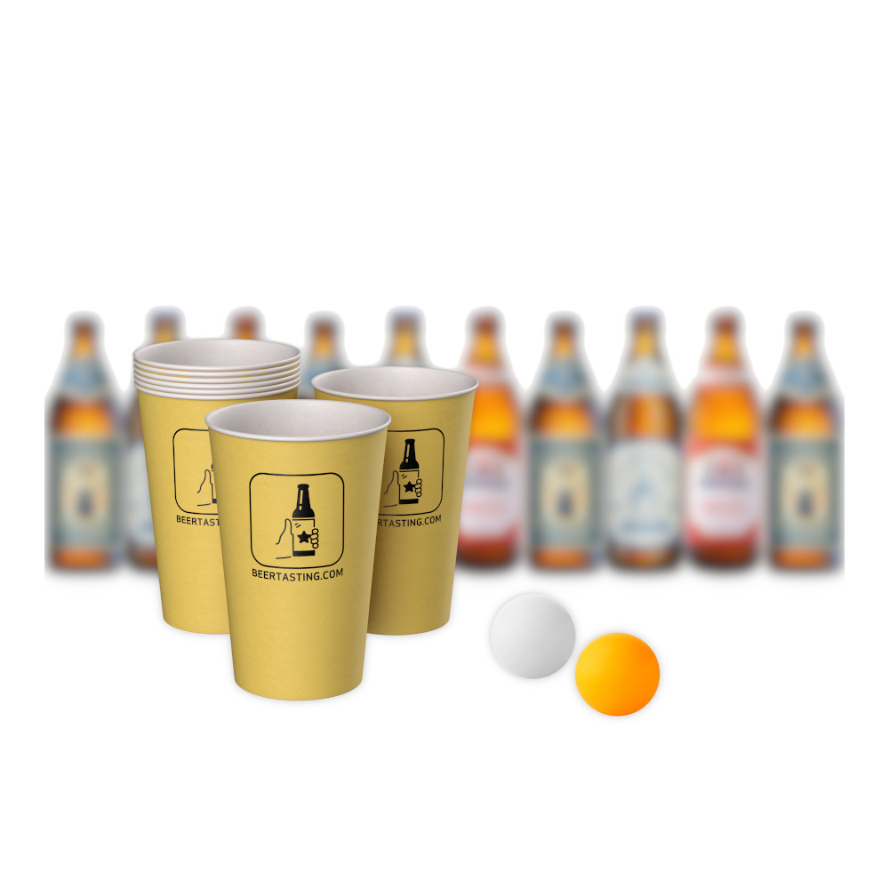 Beer Pong Set mit Bierflaschen, Bällen und Bechern
